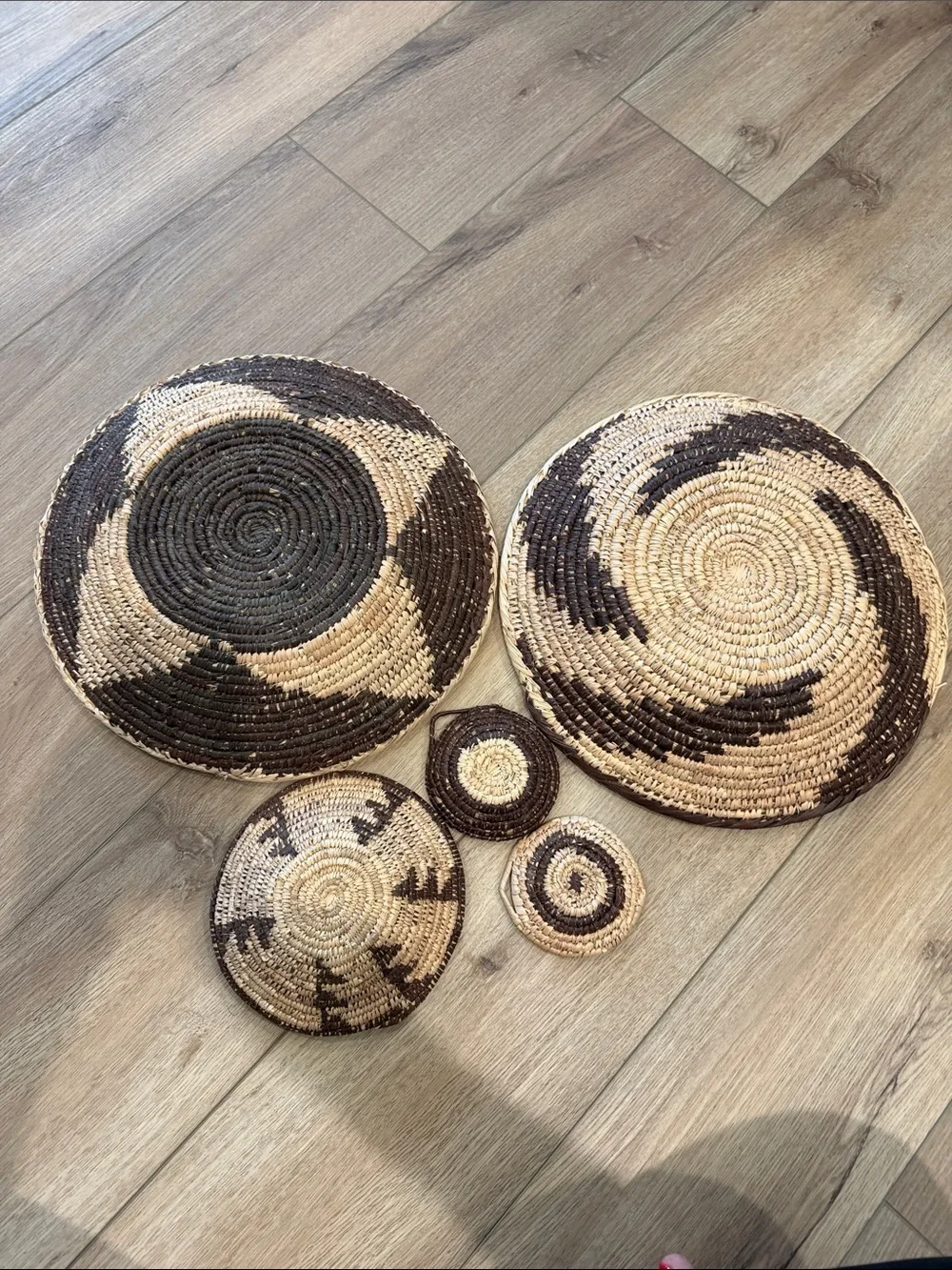Handwoven Brown and Natural Decorative Basket Set. Tight Weave. Set of 5.